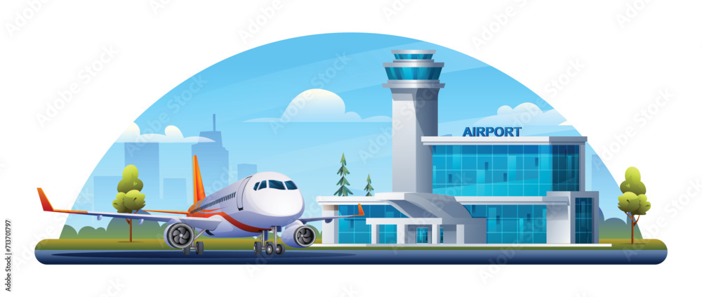 International airport building with airplane on cityscape. Vector illustration