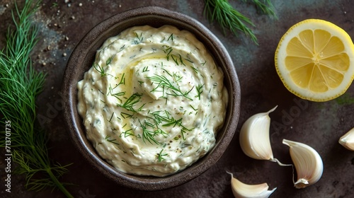Rustic bowl of creamy aioli garnished with dill, alongside fresh ingredients. photo