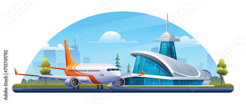 International airport building with airplane and city landscape vector cartoon illustration