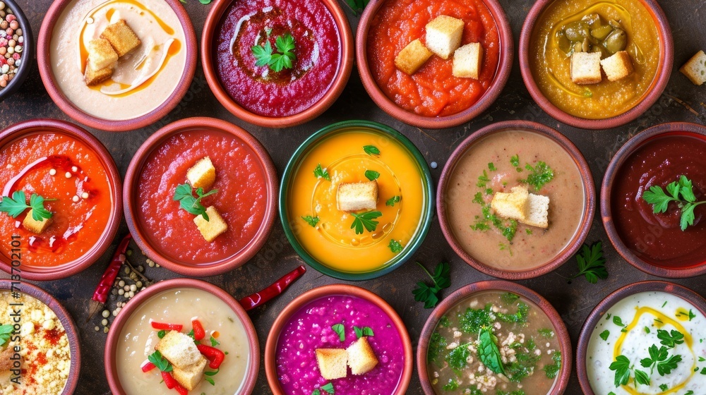 A vibrant array of colorful soups garnished with herbs and croutons offers a feast for the eyes.