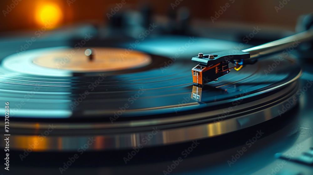 Close-up of a vinyl record on a turntable with needle tracing the grooves. Close-up of a vinyl record on a turntable with needle tracing the grooves.