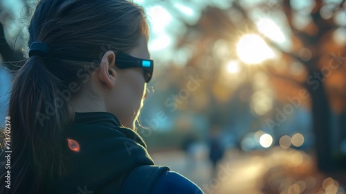 woman jogging in the morning wearing a technical glasses