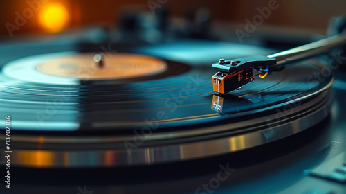 Close-up of a vinyl record on a turntable with needle tracing the grooves.
