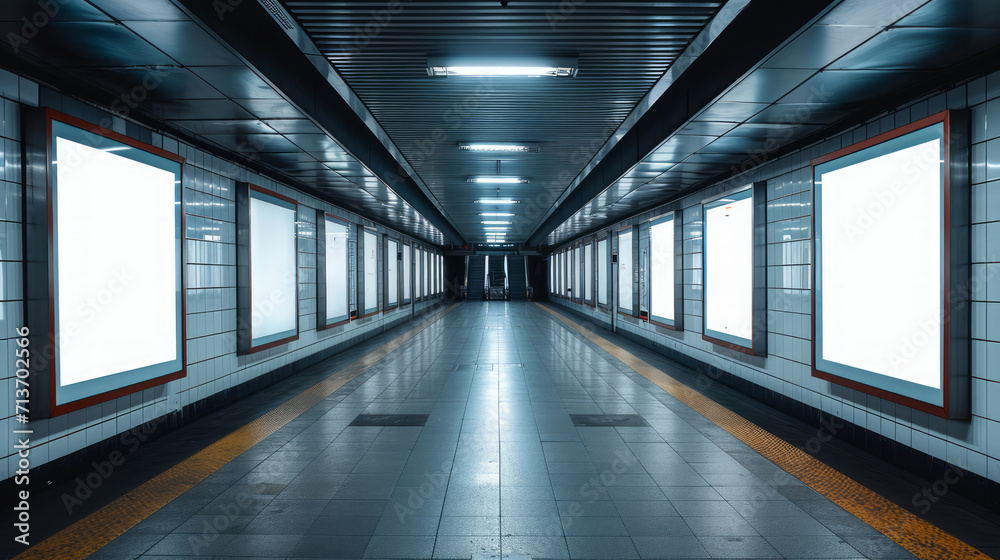 Modern subway station with blank advertising billboards lining the platform walls.