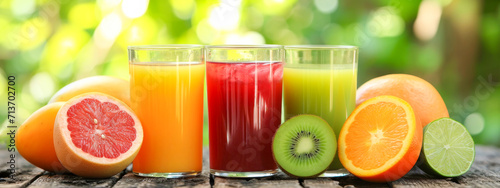 An inviting display of fresh orange, grapefruit, and kiwi juices in glasses, with their whole fruits on a wooden surface outdoors.
 photo
