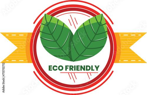 Green leaves and road inside circular eco-friendly badge design. Sustainability and environment friendly emblem with nature elements.