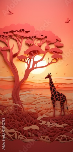 A stunning silhouette of a giraffe and tree against a vibrant sunset backdrop. Generative AI.