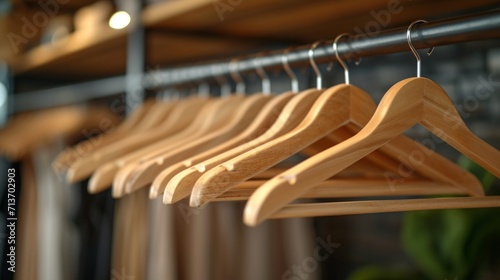 Row of elegant wooden hangers in a minimalist boutique wardrobe. photo