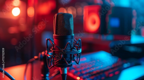 Modern podcast setup with sleek microphone and illuminated laptop photo