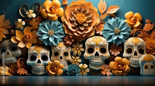 day of the dead background with floral ornaments and skulls for banners or posters