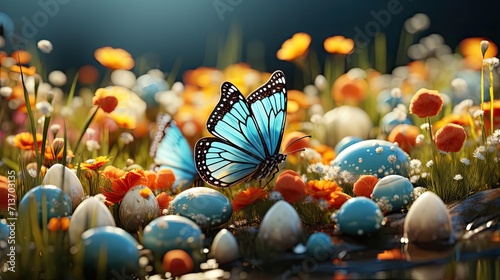 Easter day background with egg ornaments, butterflies and blurred background photo