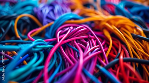 A chaotic jumble of colorful cables creates a vibrant abstract pattern. photo