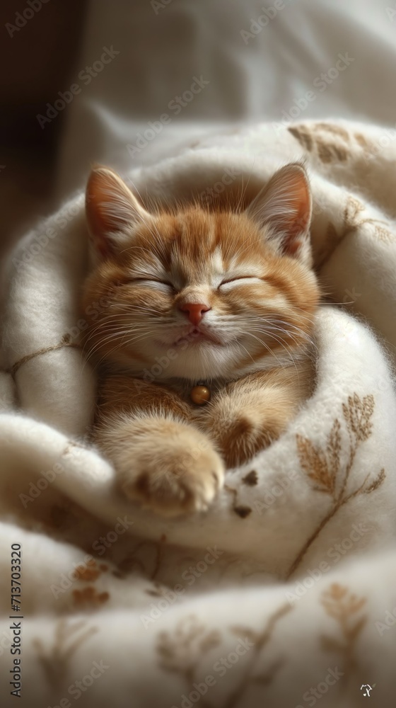 a tiny, fuffy kitty, with fur the color of warm white, is nestled peacefully in a sea of soft, white blankets. 