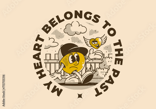 My heart belong to the past. Character illustration of a ball head and flying heart