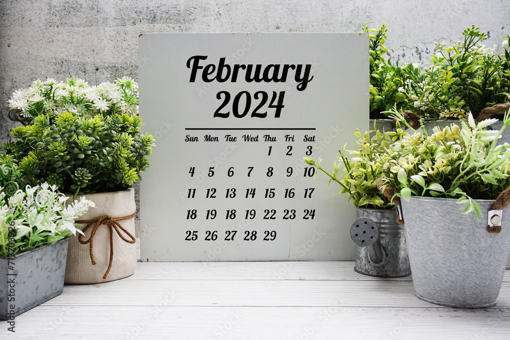 February 2024 monthly calendar for planning and management - obrazy, fototapety, plakaty 
