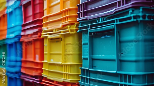 Vibrant stack of colorful shipping containers in a logistic hub. photo