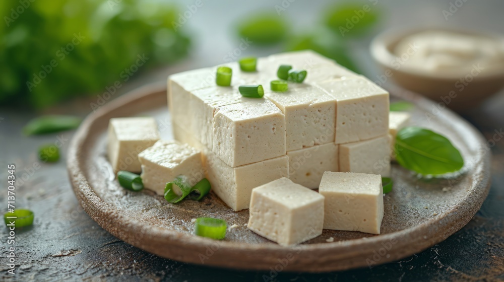 Fresh tofu block on a rustic plate with garnish Fresh tofu block on a rustic plate with garnish