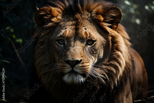 A lion with aggressive facial expressions, surrounded by deep chiaroscuro lighting