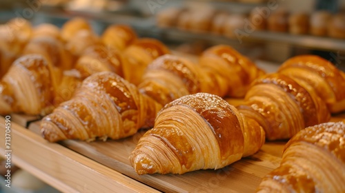 Warm golden croissants displayed in a bakery window, inviting and delicious.