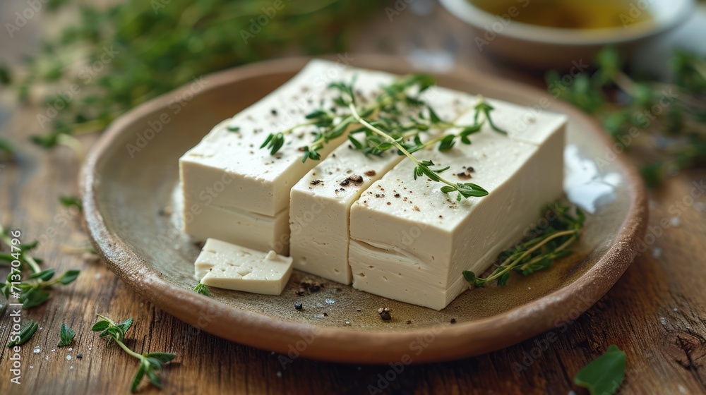 Fresh tofu block on a rustic plate with garnish