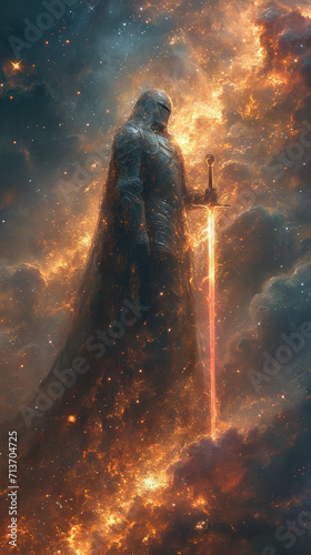 Mystical figure with a sword in a dark space. 3D rendering