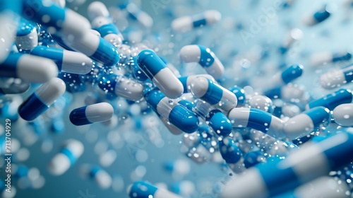 Blue and white medical capsules falling in a cascade with a monochrome background.