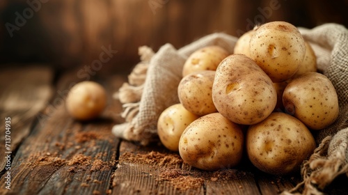 Earthy potatoes clustered atop a rustic dark wooden kitchen table photo