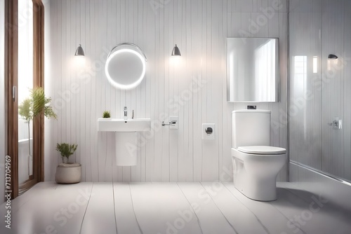 A sparkling clean bathroom space with an emphasis on hygiene and cleanliness. Perfectly lit  this super realistic image captures a white light highlighting a pristine toilet flush  promoting 
