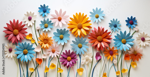 Colorful flowers on the white background. Flat lay, top view.