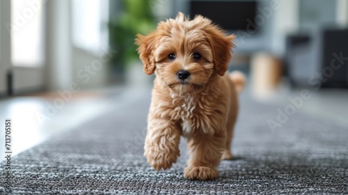 A fluffy puppy trots confidently across a modern gray rug in a bright home setting © rorozoa