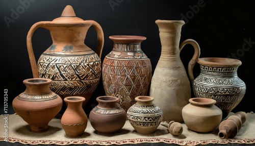a collection of ancient pottery, highlighting the diverse shapes, sizes, and decorative motifs that reflect the craftsmanship of different civilizations from the past.