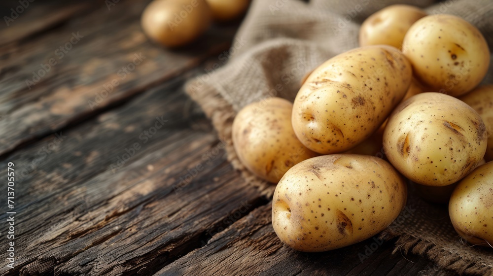 Earthy potatoes clustered atop a rustic dark wooden kitchen table Earthy potatoes clustered atop a rustic dark wooden kitchen table