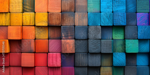 Colorful wooden blocks aligned. Wide format. Hand edited  Wood Day Concept  Generative Ai