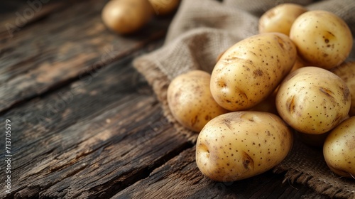 Earthy potatoes clustered atop a rustic dark wooden kitchen table