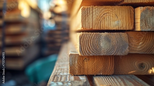 Close-up of a neat stack of wooden beams highlighting natural textures