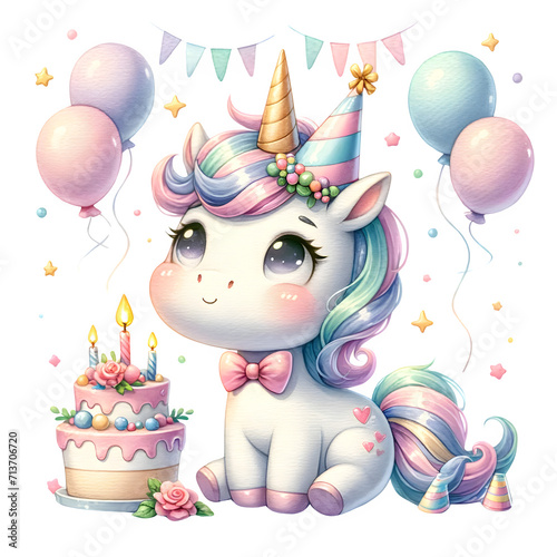 Cute watercolor animal character for birthday party clipart for decoration