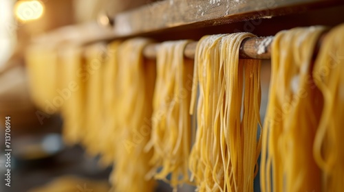 Handmade pasta drying evenly on a traditional wooden rack in a kitchen.