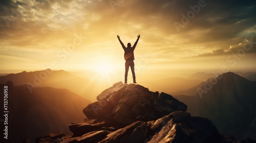 Happy man raising his arms jumping to the top of the mountain  successful businessman celebrating success on the cliff  business success concept silhouette backlit.