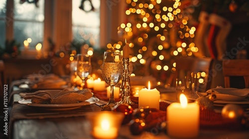 Elegant Christmas table setting with warm golden lights and festive decor.