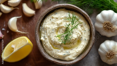 Rustic bowl of creamy aioli garnished with dill, alongside fresh ingredients. photo
