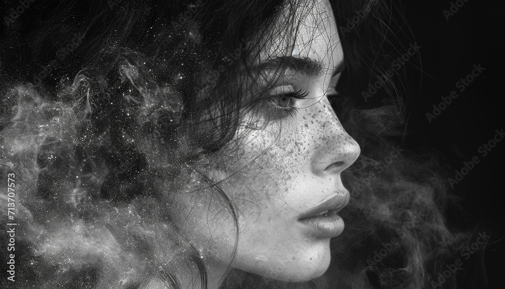 A monochrome young woman's profile portrait combined with abstract grainy digital art against black background,generative ai