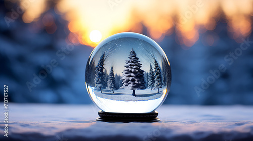 Christmas ornaments ball with blurry background Shiny Christmas Tree In Snow Globe 