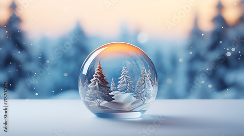 A magical crystal ball sits on snowy ground, surrounded by a wintry landscape. Ideal for winter solstice and Yule ceremonies
 photo