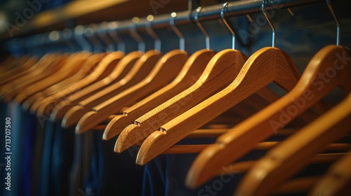 Row of elegant wooden hangers in a minimalist boutique wardrobe.