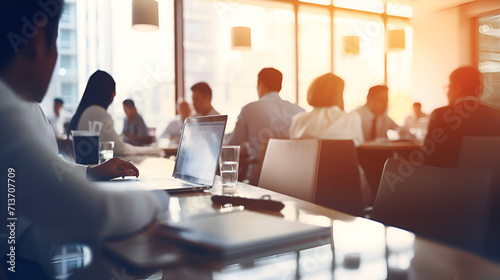 Business office with blurred people casual wear, with blurred bokeh background Keywords