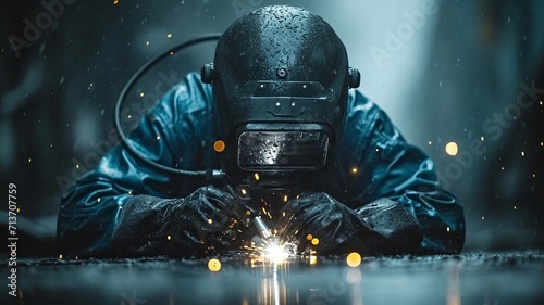 an underwater diver worker wearing a Military watch and welding a tube underwater ,generative ai © JKLoma