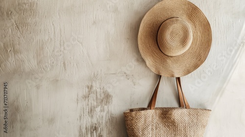 Straw hat and matching tote bag hang against a minimalist white textured wall.