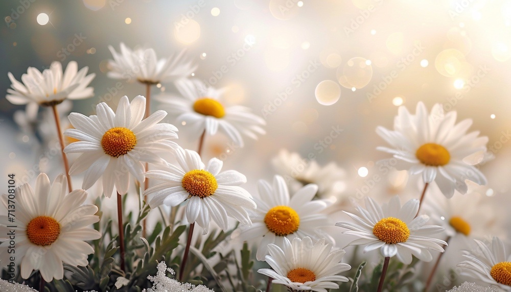 Fototapeta premium Daisy flower background,white background,sparkling lights generative ai