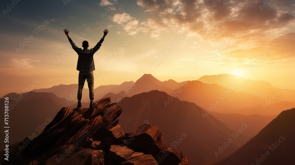 Happy man raising his arms jumping to the top of the mountain, successful businessman celebrating success on the cliff, business success concept silhouette backlit. - obrazy, fototapety, plakaty 