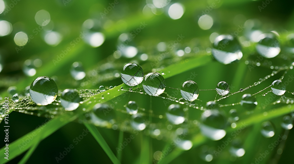 Close up dew drops green leaf, texture nature background. Raindrops macro photography,Green grass in nature with raindrops

